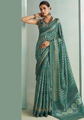 Green Floral Print Silk Saree Set