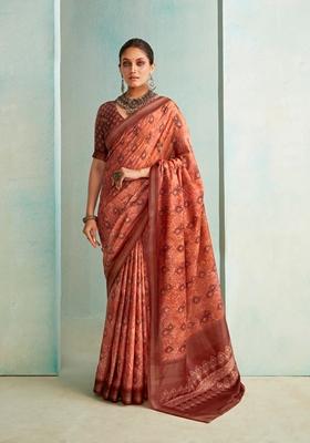 Brown Floral Print Silk Saree Set