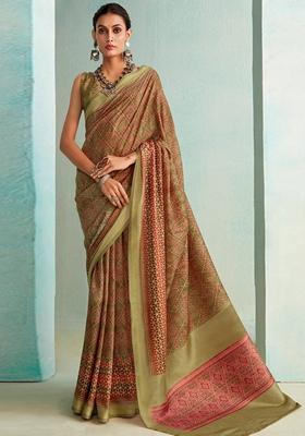 Green Floral Print Silk Saree Set