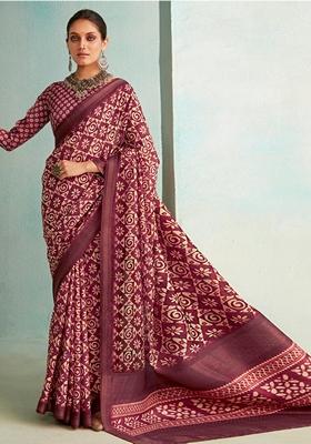 Purple Floral Print Silk Saree Set