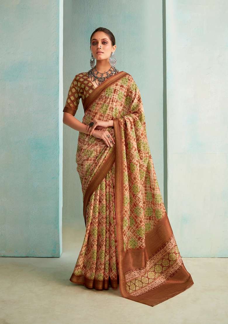 Mustard Floral Print Silk Saree Set - Indya