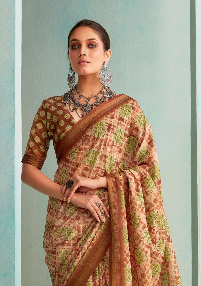 Mustard Floral Print Silk Saree Set - Indya