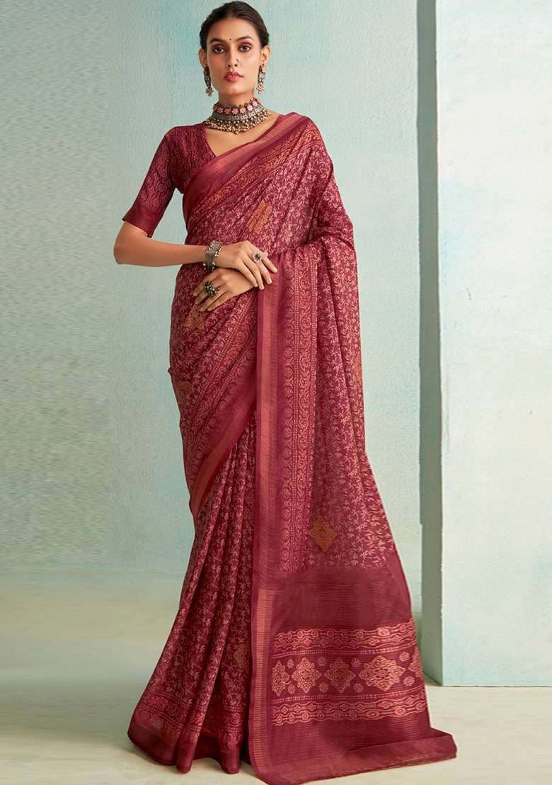 Maroon Floral Print Silk Saree Set - Indya