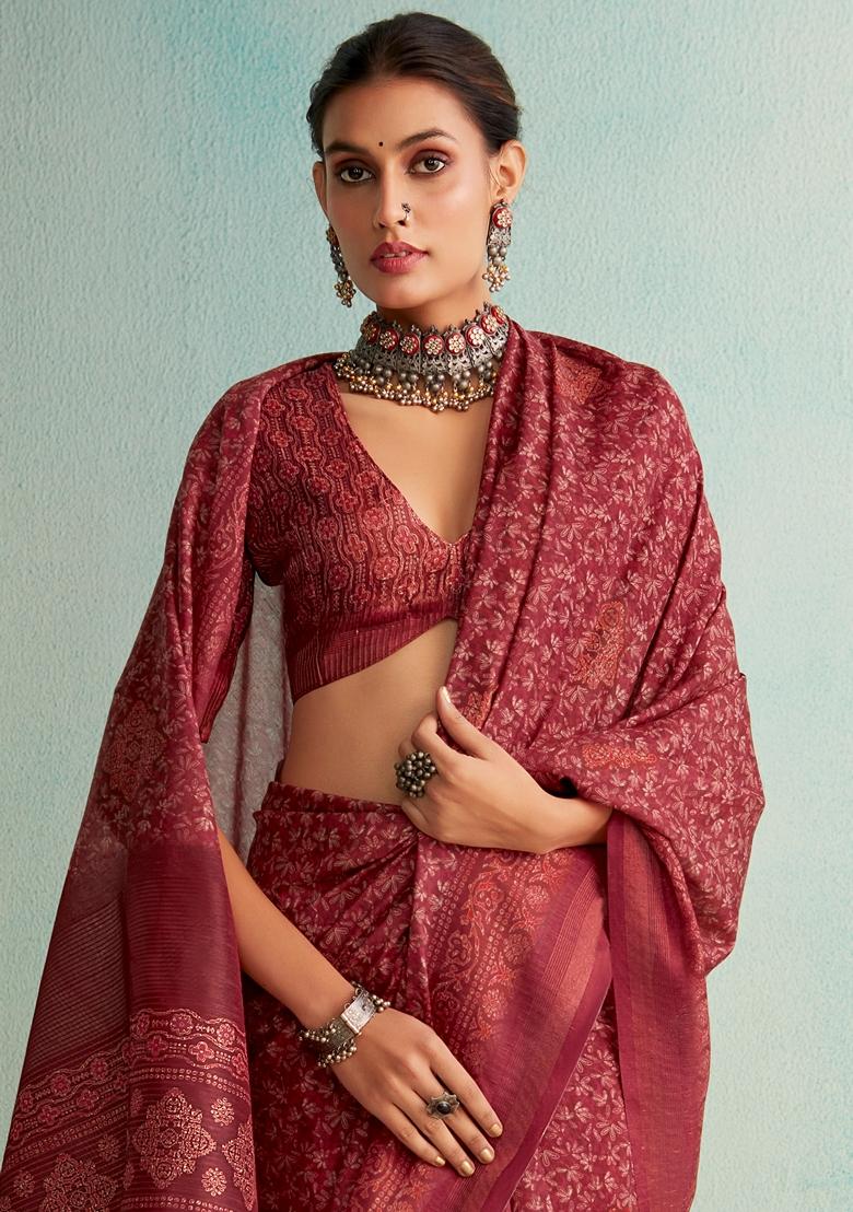 Golden Floral Print Silk Saree Set