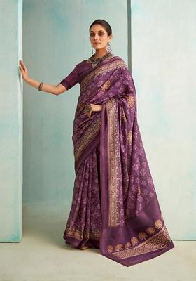 Purple Floral Print Silk Saree Set