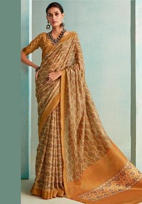Brown Floral Print Silk Saree Set