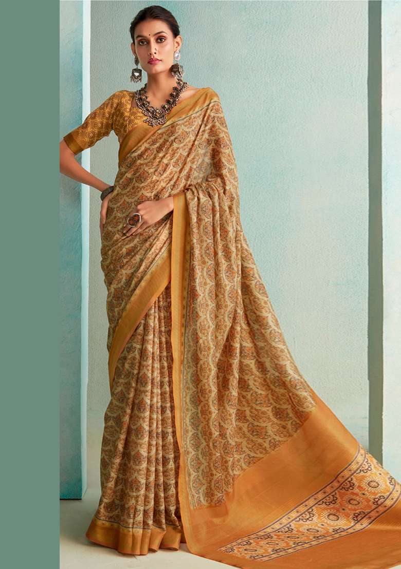Brown Floral Print Silk Saree Set - Indya