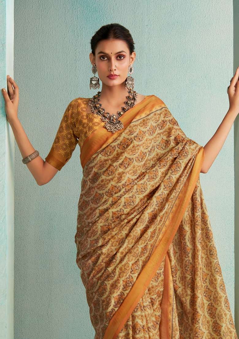 Brown Floral Print Silk Saree Set - Indya