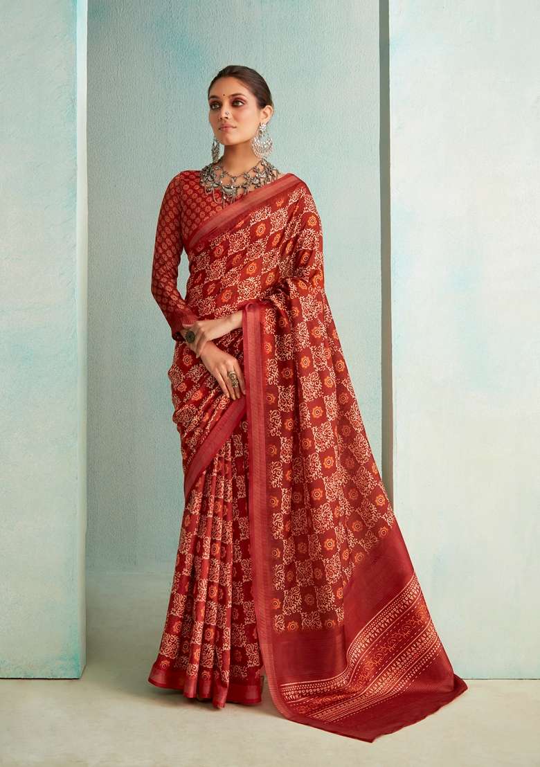Maroon Floral Print Silk Saree Set - Indya