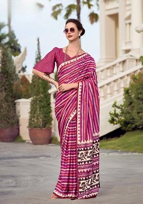 Purple Abstract Print Pure Cotton Silk Saree Set