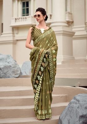 Golden Abstract Print Pure Cotton Silk Saree Set
