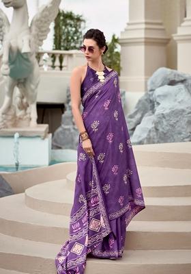 Purple Abstract Print Pure Cotton Silk Saree Set