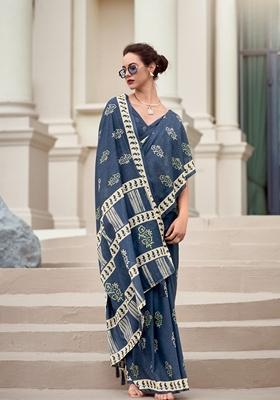 Golden Abstract Print Pure Cotton Silk Saree Set