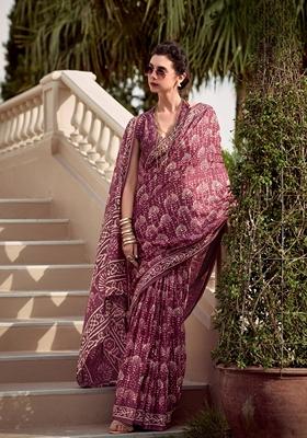 Purple Abstract Print Pure Cotton Silk Saree Set