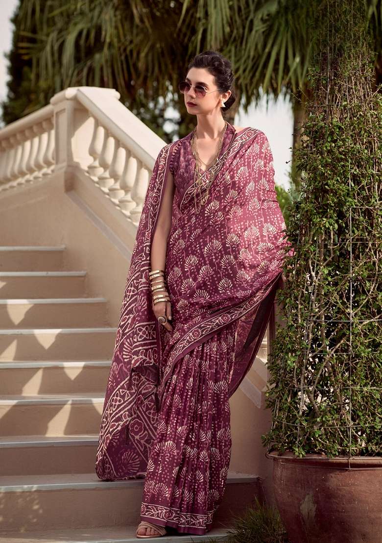 Purple Pure Silk Cotton Saree Set with Abstract Print for Diwali | Wedding & Festive Wear - Indya
