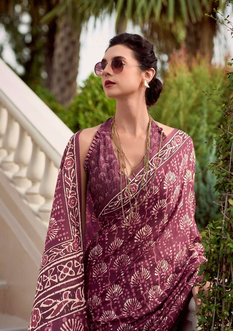 Purple Pure Silk Cotton Saree Set with Abstract Print for Diwali | Wedding & Festive Wear - Indya