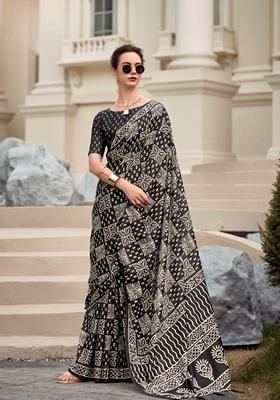 Golden Abstract Print Pure Cotton Silk Saree Set