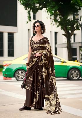Brown Abstract Print Satin Saree Set