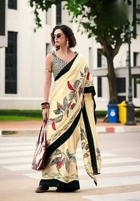 Golden Abstract Print Satin Saree Set