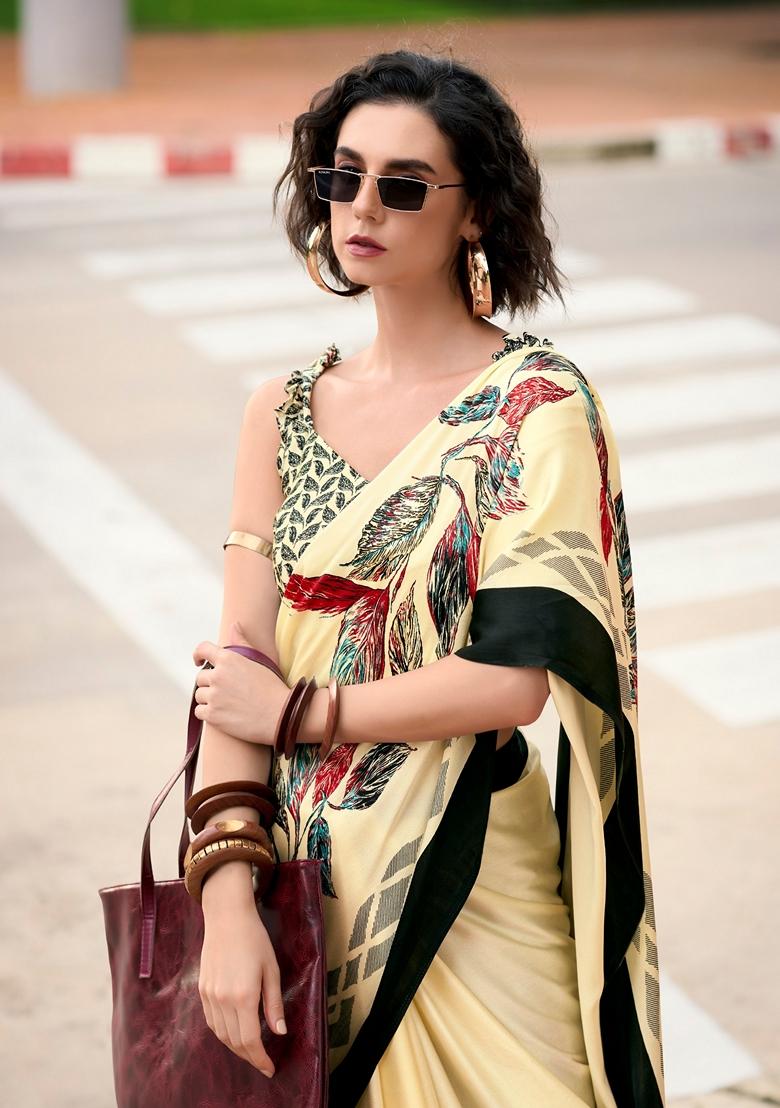 Golden Abstract Print Satin Saree Set