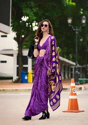 Golden Abstract Print Satin Saree Set