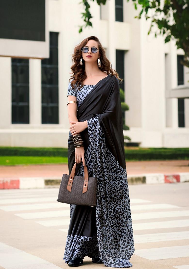 Black Abstract Print Satin Saree Set - Indya
