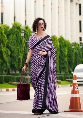 Golden Abstract Print Satin Saree Set