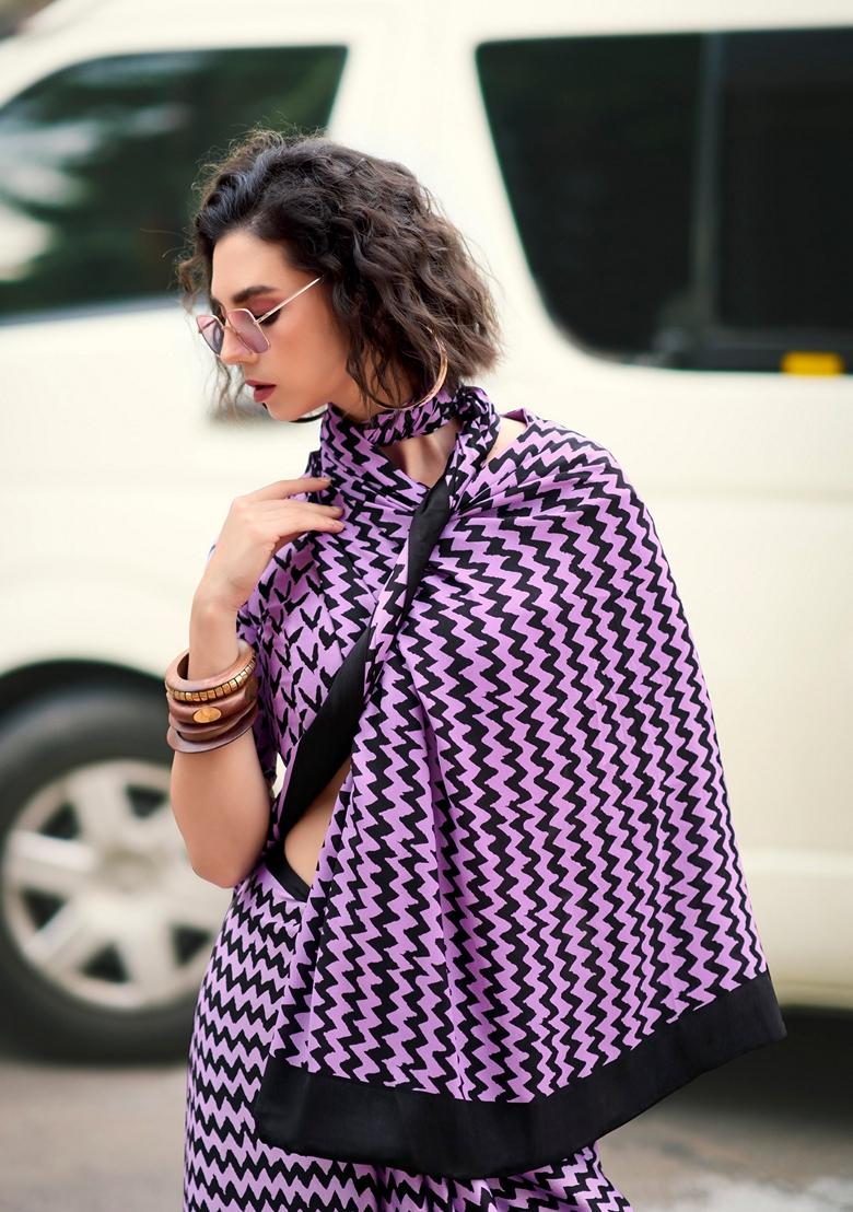 Golden Abstract Print Satin Saree Set