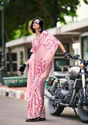 Pink Abstract Print Satin Saree Set