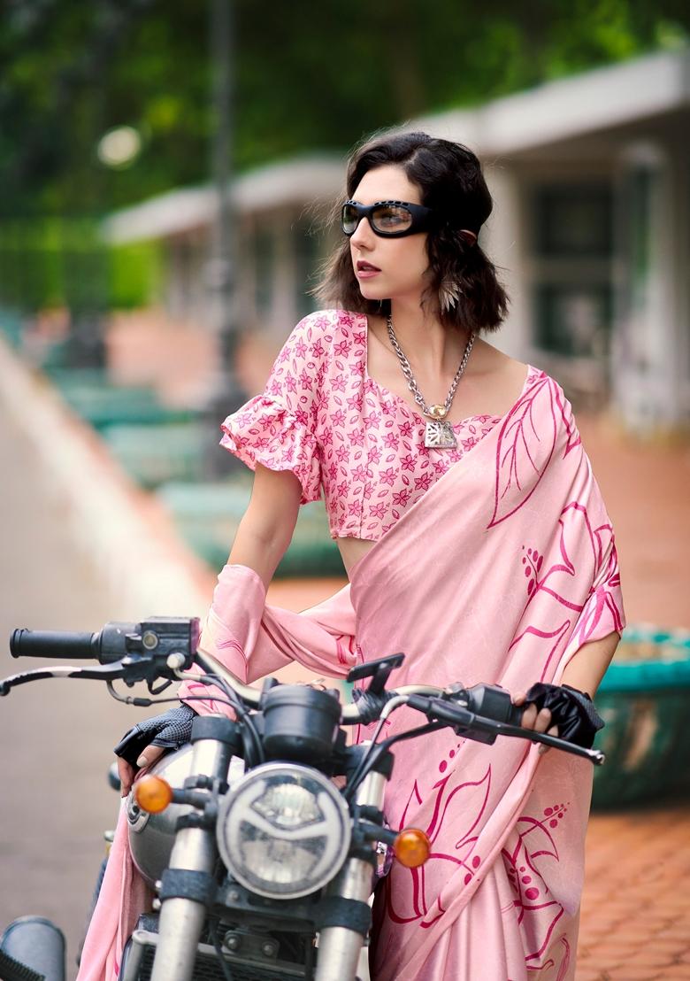 Golden Abstract Print Satin Saree Set