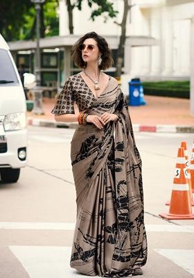Brown Abstract Print Satin Saree Set