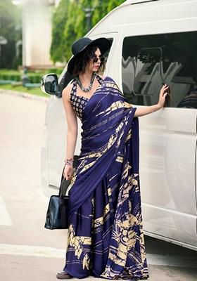 Blue Abstract Print Satin Saree Set