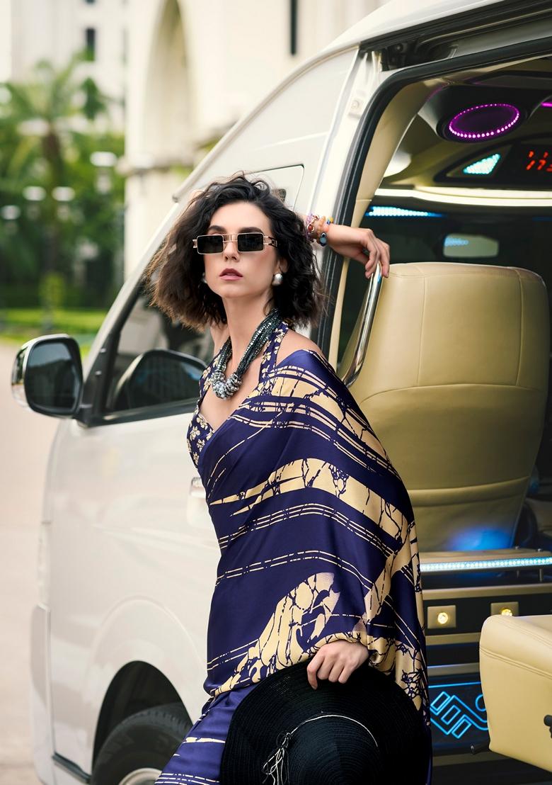 Golden Abstract Print Satin Saree Set