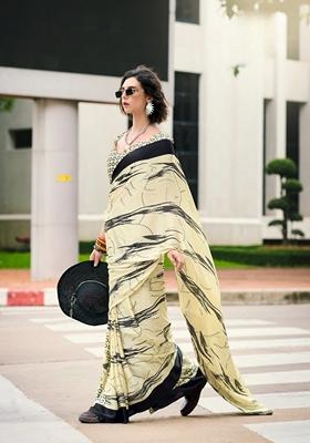 White Abstract Print Satin Saree Set