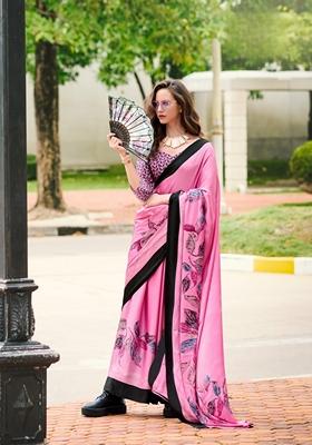 Pink Abstract Print Satin Saree Set