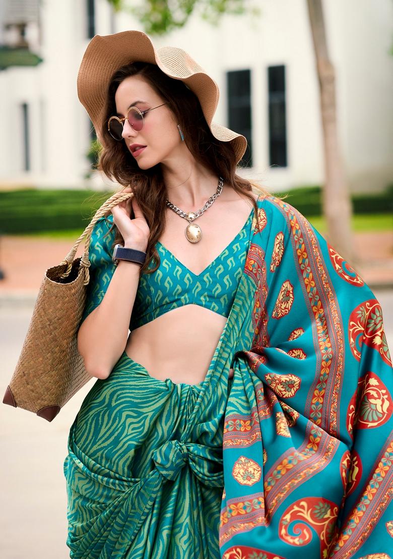 Golden Abstract Print Satin Saree Set