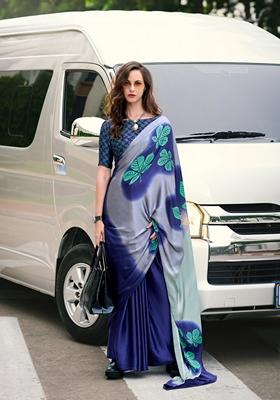 Blue Abstract Print Satin Saree Set