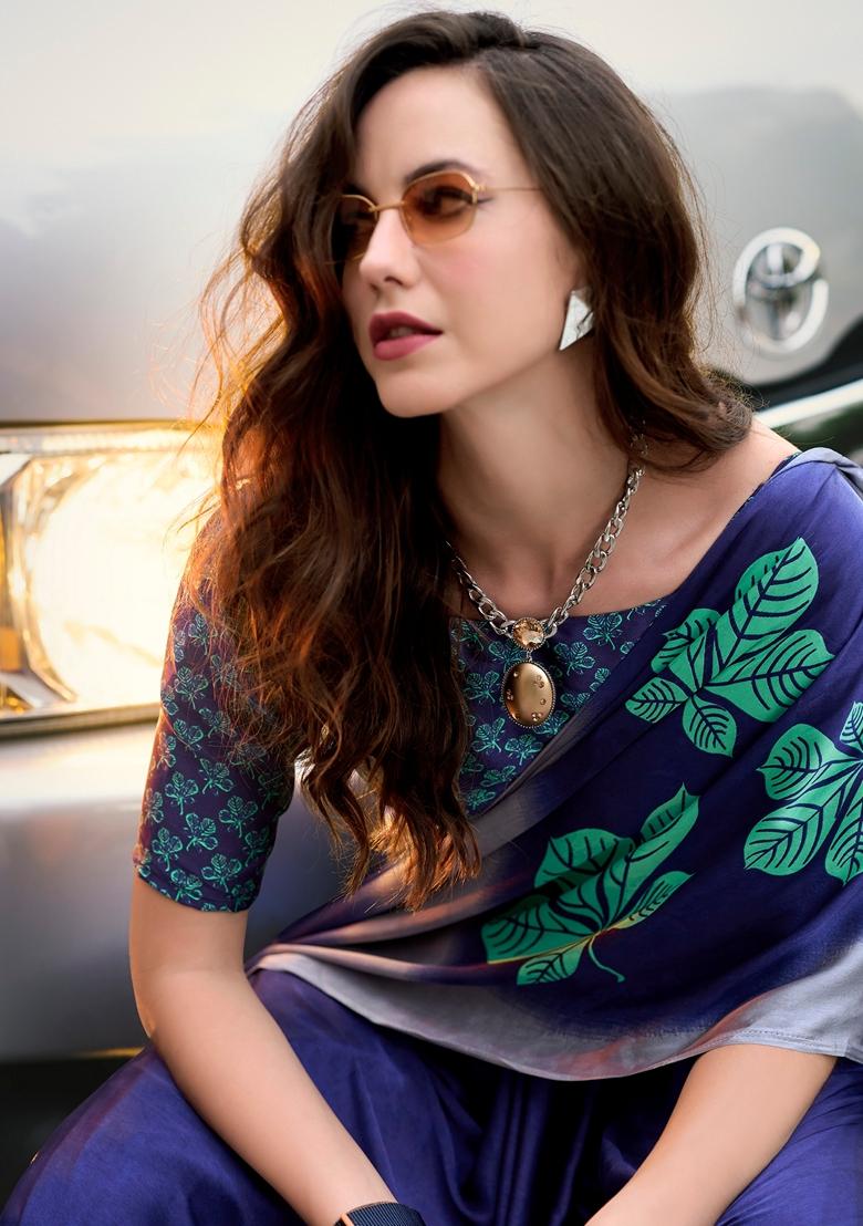 Golden Abstract Print Satin Saree Set