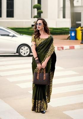 Green Abstract Print Satin Saree Set