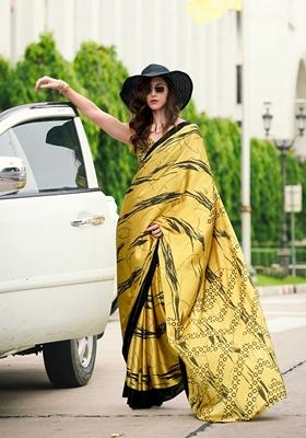 Yellow Abstract Print Satin Saree Set