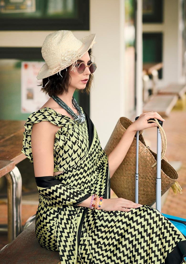 Golden Abstract Print Satin Saree Set