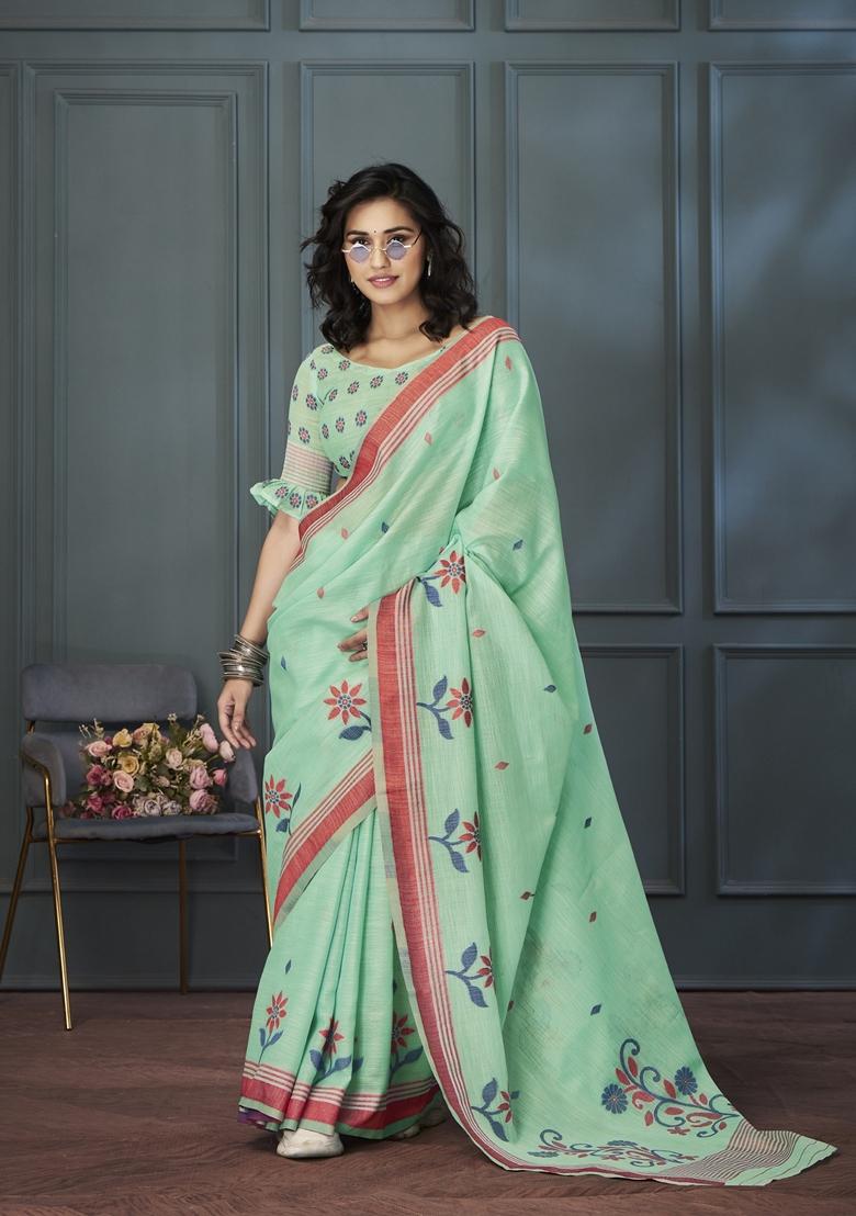 Green Resham Woven Linen Saree Set