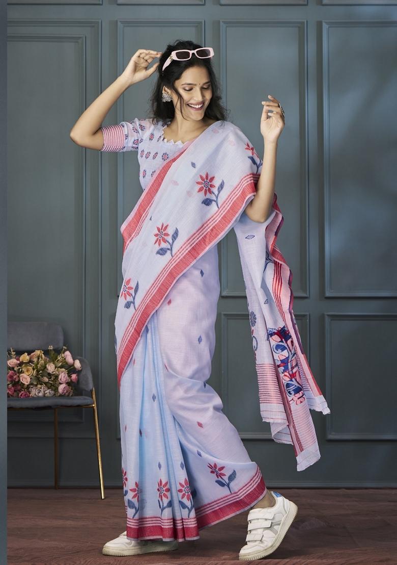 Purple Resham Woven Linen Saree Set