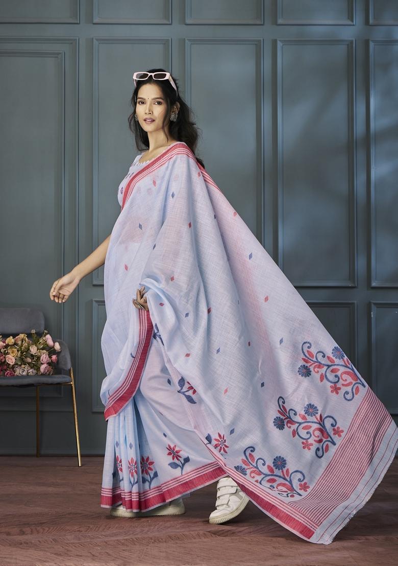 Purple Resham Woven Linen Saree Set