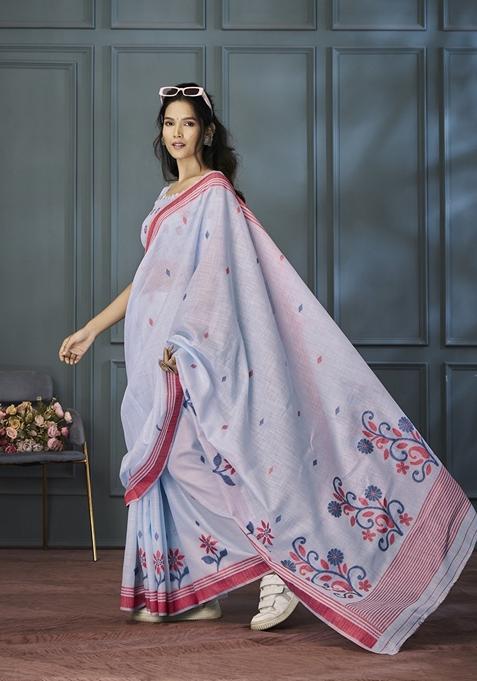 Purple Resham Woven Linen Saree Set