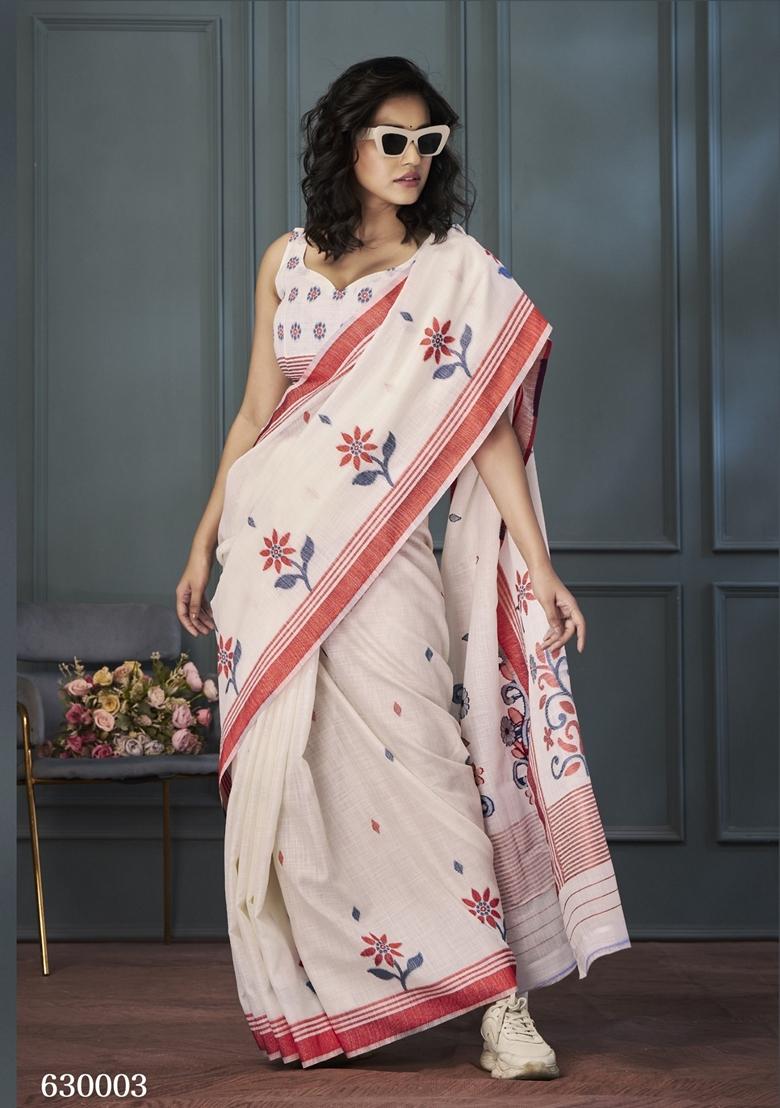 White Resham Woven Linen Saree Set