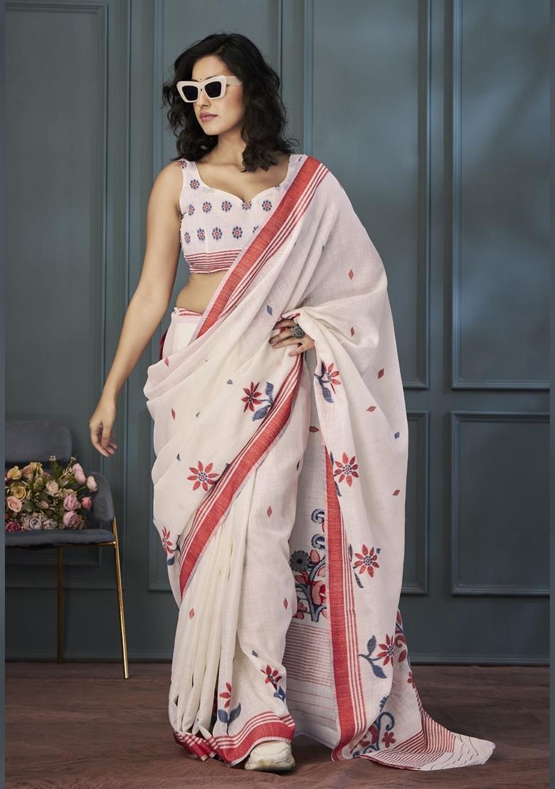 White Resham Woven Linen Saree Set