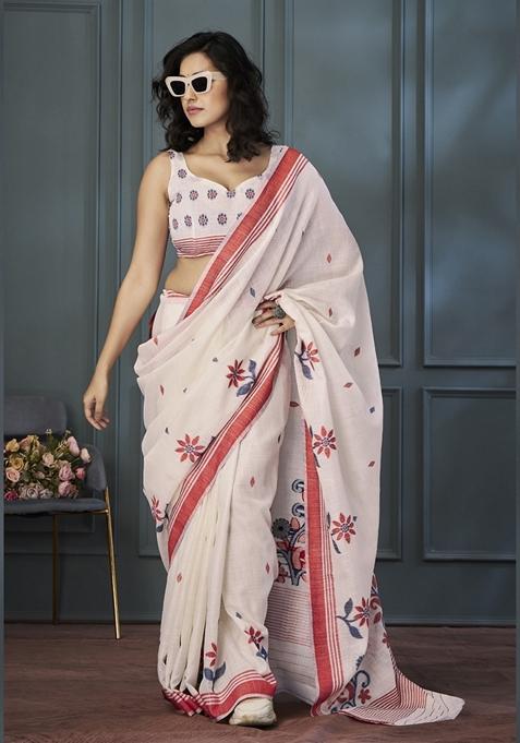 White Resham Woven Linen Saree Set
