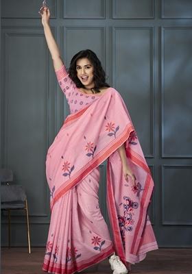 Pink Resham Woven Linen Saree Set