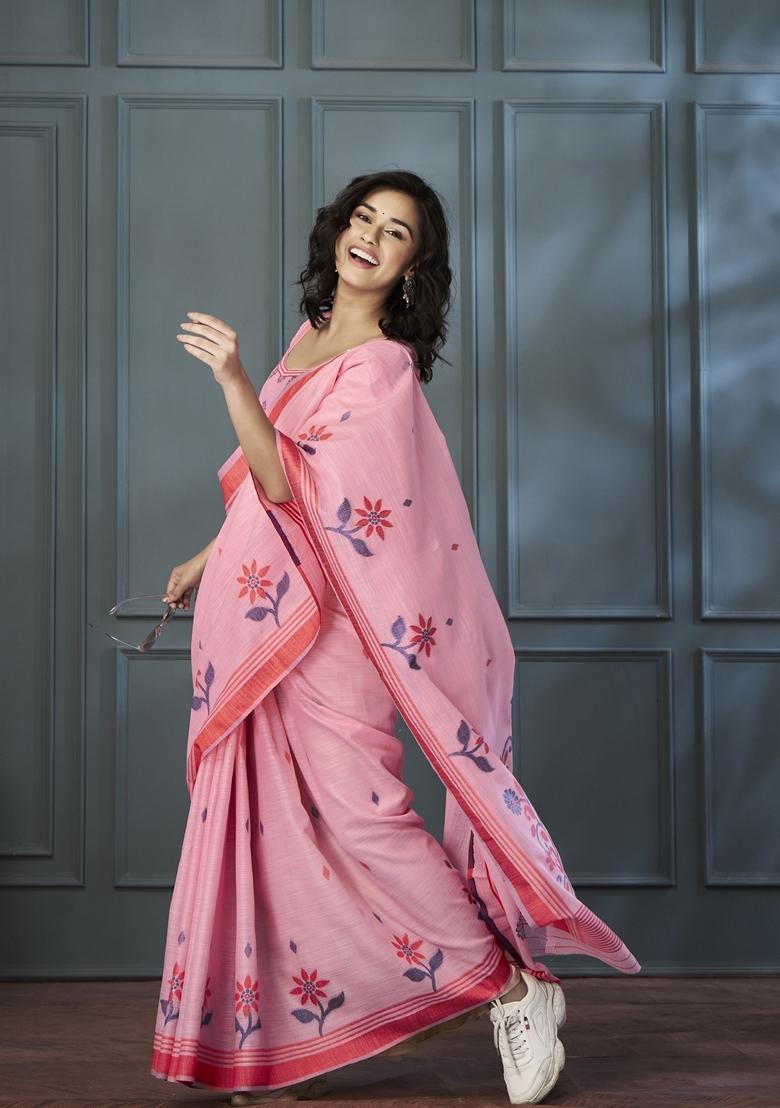 Pink Resham Woven Linen Saree Set